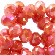 Faceted glass beads 8x6mm rondelle Camelia red orange Diamond coated